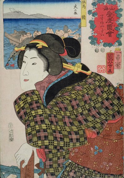 Persone che gettano una rete e una donna che pensa al suo amante da Utagawa Kuniyoshi